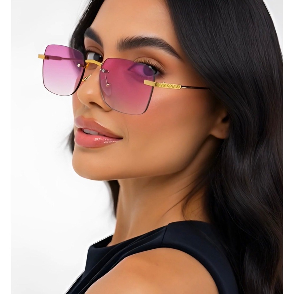 Women Purple Sunglasses Rimless Rectangle Gold Frame Fashion Trend Eyewear Small